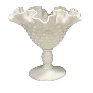 Fenton Ruffled Milk Glass Dish 5” White Hobnail Candy Compote Dish Rare Vintage